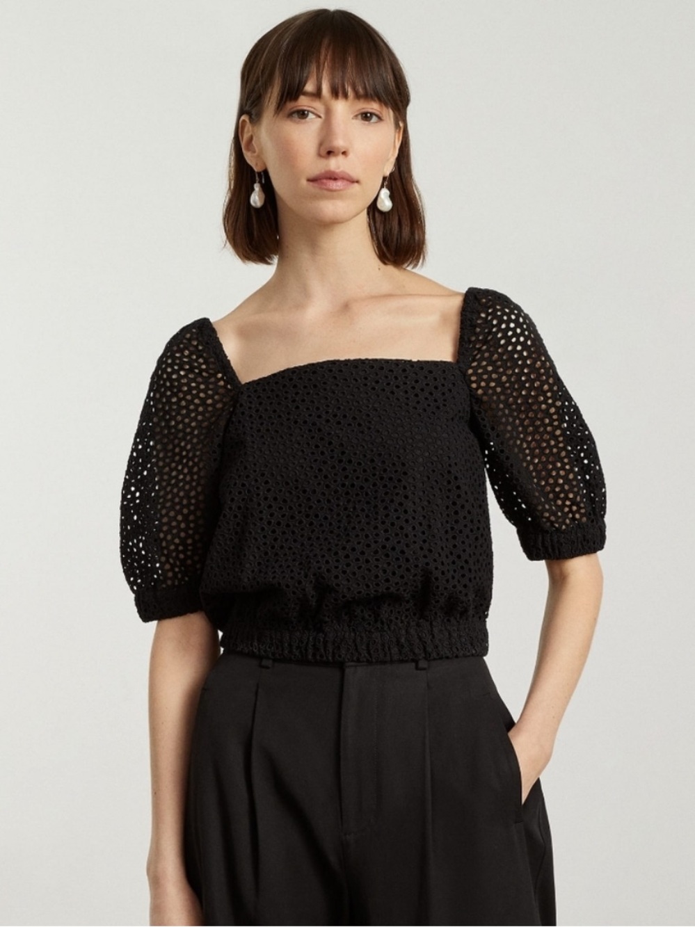 Everlane The Eyelit Puff Sleeve Black Top Size M